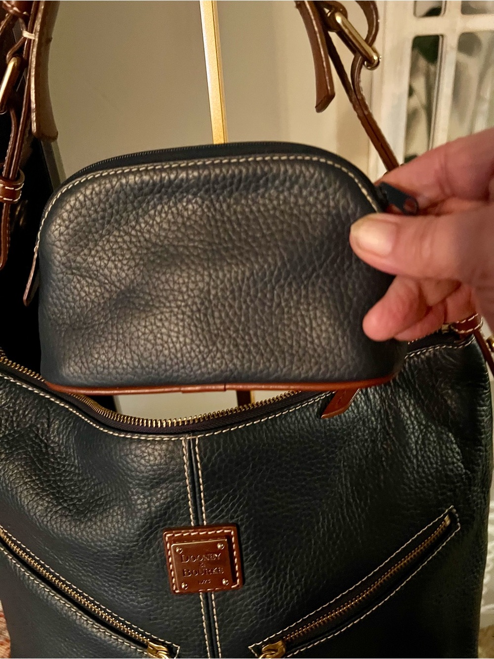 Dooney & Bourke Navy Pebbled Leather Satchel with Brown Trim with pouch - Picture 4 of 13